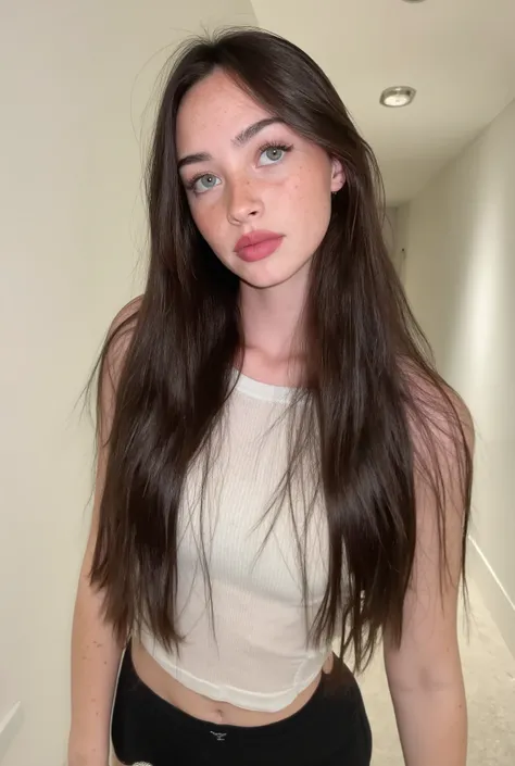 Realistic photo of a young woman with long brown hair wearing a white top and black leggings. Close-up photo showing details of skin and face. The woman is standing in a hallway lit with artificial light. She is leaning against a white wall