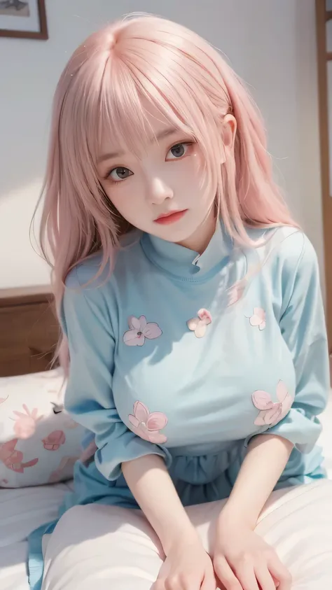 pink haired anime girl lying in bed wearing a blue shirt, charming anime girl, cute anime girl, Detailed Digital Animated Art, cute realistic portrait, Soft Animated Illustrations, Gwyds, do, best anime 4K Kona-chan wallpaper, Beautiful Anime Girls, artwor...