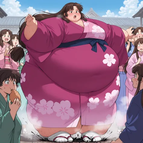 anime screencap, score_9, score_8_up, score_7_up, source_anime BREAK sango, brown hair, parted bangs, low-tied long hair, brown eyes, outside, pink kimono, wearing a kimono, round face chubby cheeks   anime style,  fat, chubby, obese, ,, small eyes, ,  , f...
