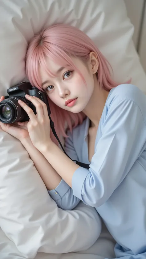 pink haired anime girl lying in bed wearing a blue shirt, charming anime girl, cute anime girl, Detailed Digital Animated Art, cute realistic portrait, Soft Animated Illustrations, Gwyds, do, best anime 4K Kona-chan wallpaper, Beautiful Anime Girls, artwor...