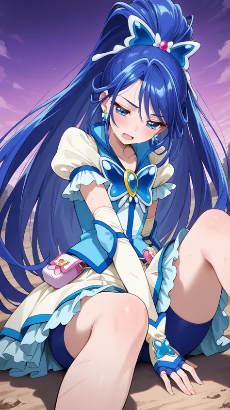 (masterpiece:1.3), (High Quality:1.3),１girl with long hair(1girl: Cure Aqua Go  ,blue hair,wide ponytail,Long Hair,blue eyes,earring,White Dress,blue vest,butterfly hair ornament,butterfly brooch ,White elbow pads,Fingerless gloves,blue shorts),closed eyes...