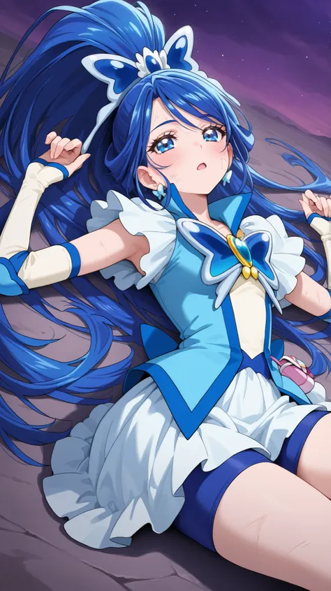 (masterpiece:1.3), (High Quality:1.3),１girl with long hair(1girl: Cure Aqua Go  ,blue hair,wide ponytail,Long Hair,blue eyes,earring,White Dress,blue vest,butterfly hair ornament,butterfly brooch ,White elbow pads,Fingerless gloves,blue shorts),closed eyes...