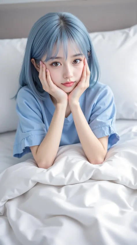 Blue-haired anime girl lying in bed wearing a blue shirt, charming anime girl, cute anime girl, Detailed Digital Animated Art, cute realistic portrait, Soft Animated Illustrations, Gwyds, do, best anime 4K Kona-chan wallpaper, Beautiful Anime Girls, artwor...