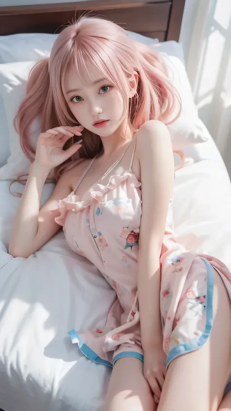 pink haired anime girl lying in bed wearing a blue shirt, charming anime girl, cute anime girl, Detailed Digital Animated Art, cute realistic portrait, Soft Animated Illustrations, Gwyds, do, best anime 4K Kona-chan wallpaper, Beautiful Anime Girls, artwor...