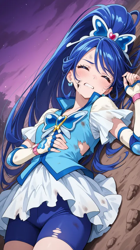 (masterpiece:1.3), (High Quality:1.3),１girl with long hair(1girl: Cure Aqua Go  ,blue hair,wide ponytail,Long Hair,blue eyes,earring,White Dress,blue vest,butterfly hair ornament,butterfly brooch ,White elbow pads,Fingerless gloves,blue shorts),closed eyes...