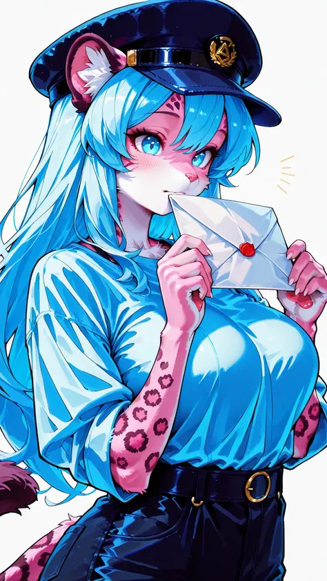 Farley, Kemono, ((hat, light blue shirt, dark blue slacks)), Fluffy Fur, cute panther girl, Hold the letter, Fluffy Furの可愛い豹の女の子、Postal worker、Farley、natural expression、Dynamic、serene atmosphere、charming eyes、soft texture