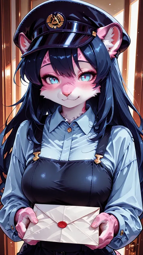 Farley, Kemono, ((hat, light blue collared shirt, dark blue slacks)), Fluffy Fur, cute panther girl, Hold the letter, Fluffy Furの可愛い豹の女の子、Postal worker、Farley、natural expression、Dynamic、serene atmosphere、charming eyes、Soft Texture
