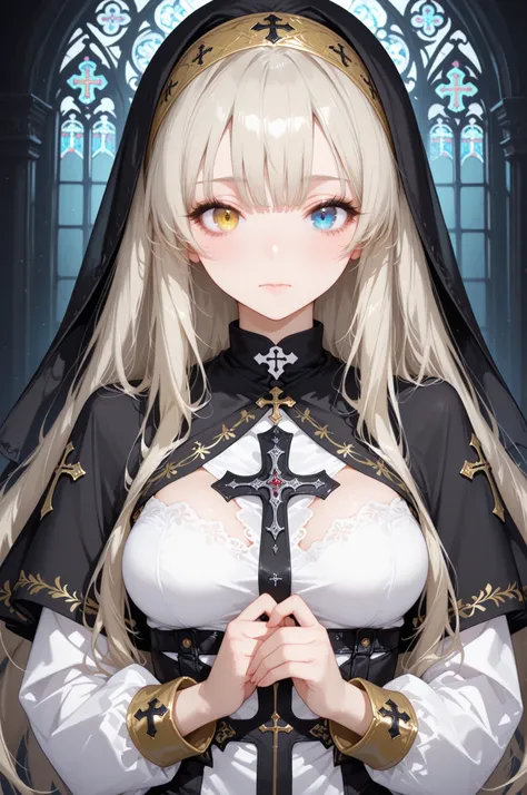1girl ,black capelet ,black veil ,blonde hair ,blue eyes ,breasts ,capelet ,closed mouth ,cross ,dark ,dress ,eyelashes ,floating hair ,hairband ,hands together in prayer ,heterochromia ,nun ,medium breasts ,long hair ,long sleeves ,sidelocks ,silver hair ...