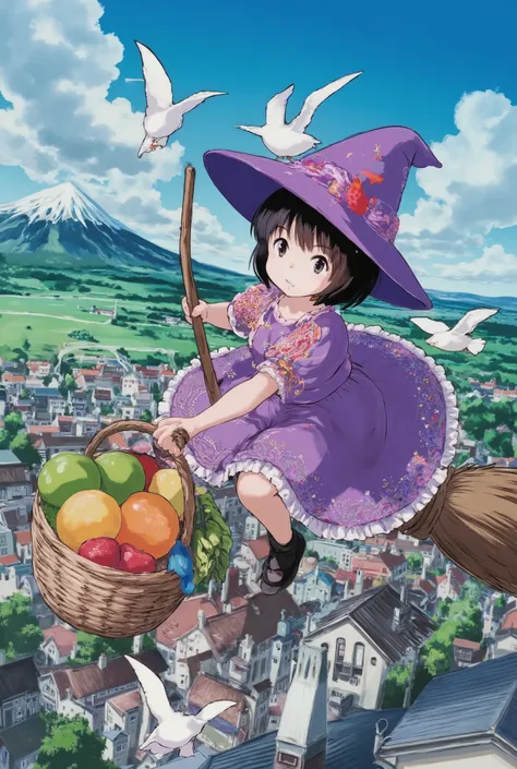 A wizard girl straddling a is flying through the air。very cute Japanese girls。purple witch hat。purple witch dress。straddling the broom handle。the handbag is hooked to the handle of a broom。There is a lot of fruit in the basket。black shoes。daytime sky on a...