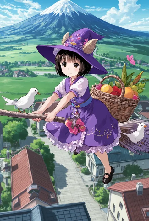 A wizard girl straddling a  is flying through the air。very cute Japanese girls。purple witch hat。purple witch dress。straddling the broom handle。the handbag is hooked to the handle of a broom。There is a lot of fruit in the basket。black shoes。daytime sky on a...