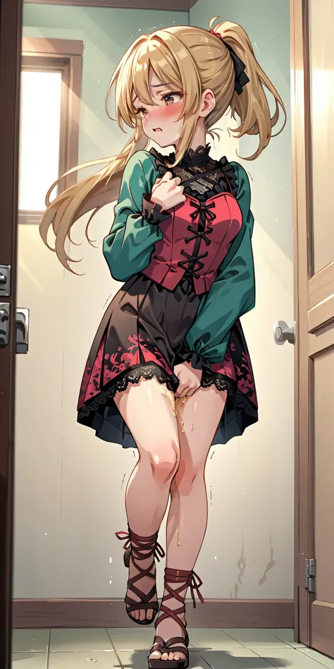 SIGMA 200 mm F/1.8, 1/100 sec shutter, award-winning photo, beautiful medium breasts, shiny skin, low-ponytail, (have to pee), Disheveled hair, (expression of patience:1.1), teary eyes, tense mouth, (Truly urgent in deep panting), (in very crowded woman re...