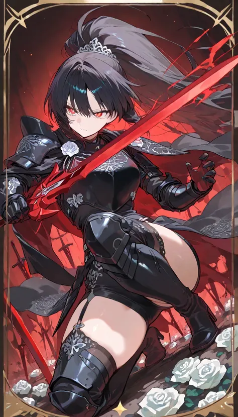(beautiful girl : 1.3),1 girl,(Black Armor,black embroidered cloak with estock,White rose hair accessory,black hot pants,thigh,boots),dark haired,Ponytail,braids,Serious Expression,Sword Slash,has a sword,Many swords stuck in the ground,Red and black aura from a sword,simple color background,dynamic angle,masterpiece,top quality,Rich Contrasts,HIGH DEFINITION,8k,High Definition CG Unit Wallpaper,Textures,incredibly absurd,RAW pictures,Deep Border 1 .2,very detailed 