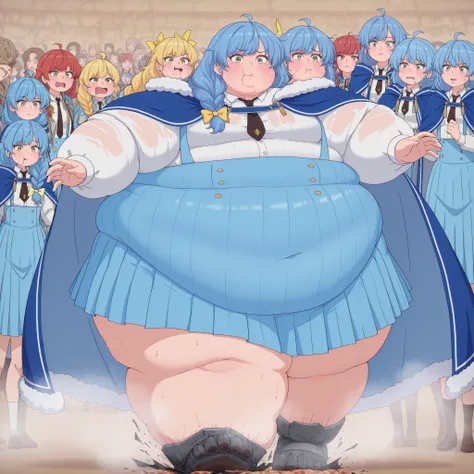 aparida rain, long hair, bangs, green eyes, blue hair, yellow eyes, braid, ahoge, hair bow, grey eyes, single braid, yellow bow, braided ponytail, mature female, small breasts, anime screencap,
skirt, shirt, long sleeves, white shirt, pleated skirt, neckti...