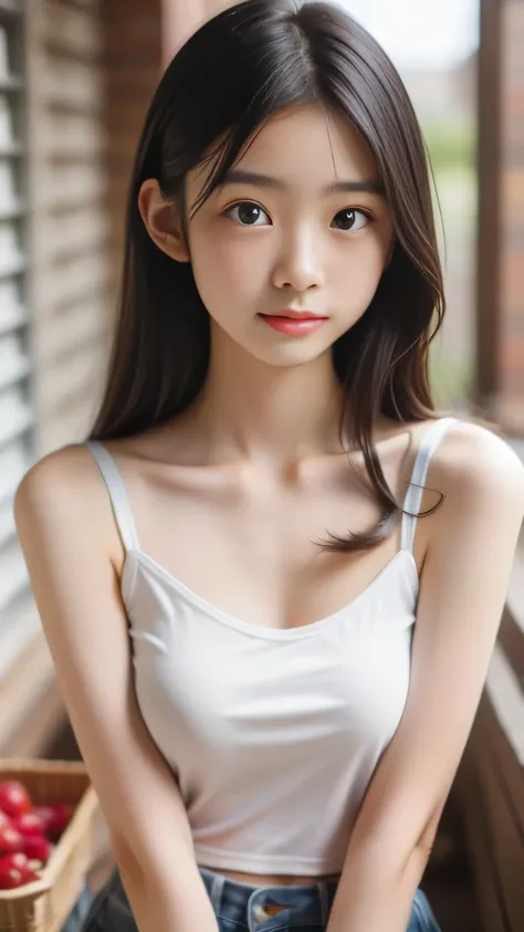  Bang、beautiful breasts、 camisole 、black eyes、Staring at the Camera、surprised expression、
