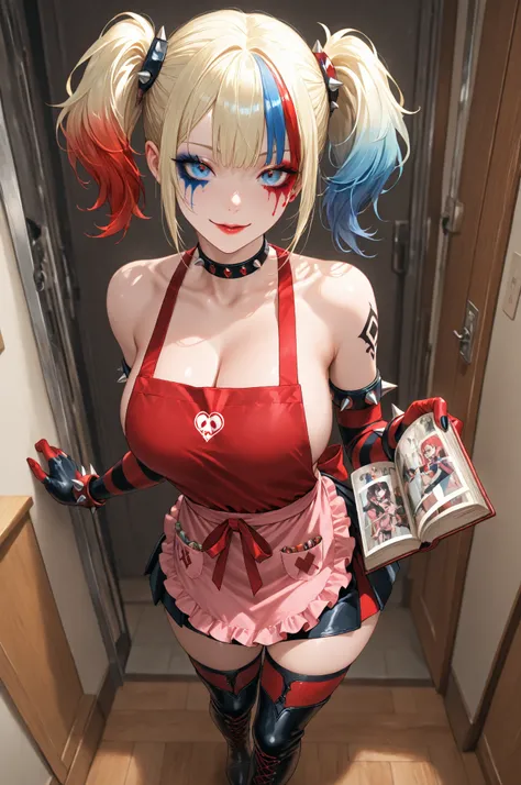 top quality, masterpiece, Quality As Pictured、rebellious woman harlequin、tattoo、choker、boots with spikes、miniskirt、Exposed abdomen、red blue flashy makeup、wear an apron from above、Read me a picture book、Inside the nursery