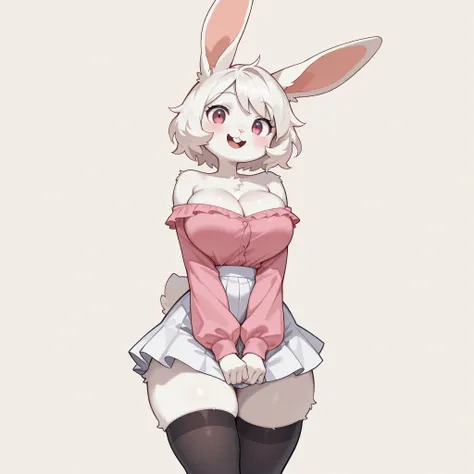 masterpiece, ultra-HD, impressionism, high detail, best quality, very aesthetic, 8k, best quality, beautiful, 1girl, solo, anthro furry, rabbit, white fur, dot eyes, rabbit ears, rabbit tail, buck teeth, big breasts, wide hips, narrow waist, thick thighs, ...