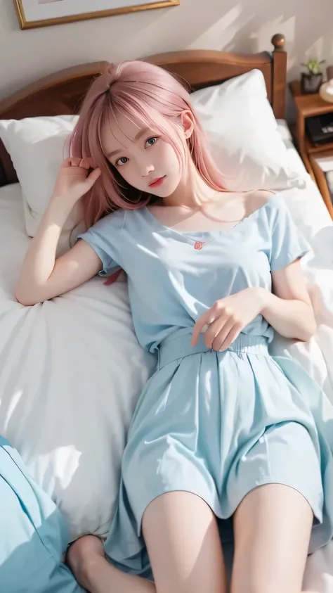 pink haired anime girl lying in bed wearing a blue shirt, charming anime girl, cute anime girl, Detailed Digital Animated Art, cute realistic portrait, Soft Animated Illustrations, Gwyds, do, best anime 4K Kona-chan wallpaper, Beautiful Anime Girls, artwor...