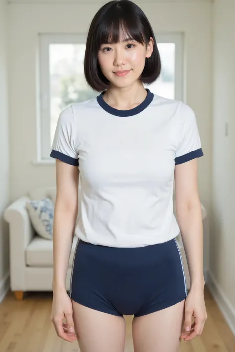 (8k, RAW photos , best quality, masterpiece:1.2), (realistic, photo-realistic:1.4), (Highly Detailed 8K Wallpaper), ((huge breasts:1.5), ((pointy breasts)), beautiful Japanese woman from under her feet, short hair, black hair, standing, school gymnasium d...