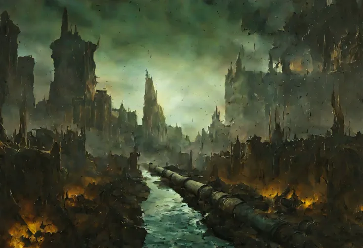 Digital art of the hive city warhammer 40000, water channel in the middle of the street surrounded by tall buildings, image quality 4K