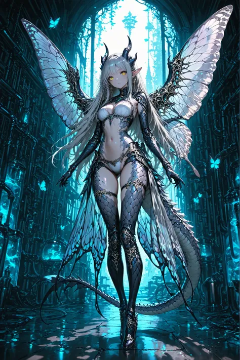 top quality, masterpiece, super high resolution, 1 girl, Chimera, Fantasy, with butterfly wings, Dragon's Horn and Tail, Beast Ears, Beast limbs, Insect Joints, Scaled Skin , Golden Eyes, Long Silver Hair, Graceful Posture, Translucent wings, Dark Abandon...