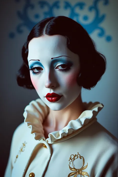 1girl, solo,make up,1920's fashion,fashion portrait,Pierrot