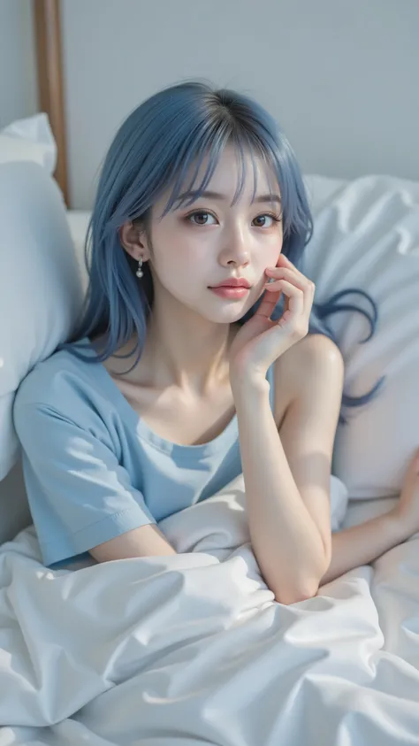 Blue-haired anime girl lying in bed wearing a blue shirt, charming anime girl, cute anime girl, Detailed Digital Animated Art, cute realistic portrait, Soft Animated Illustrations, Gwyds, do, best anime 4K Kona-chan wallpaper, Beautiful Anime Girls, artwor...
