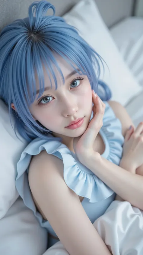 Blue-haired anime girl lying in bed wearing blue , charming anime girl, cute anime girl, Detailed Digital Animated Art, cute realistic portrait, Soft Animated Illustrations, Gwyds, do, best anime 4K Kona-chan wallpaper, Beautiful Anime Girls, artwork in th...