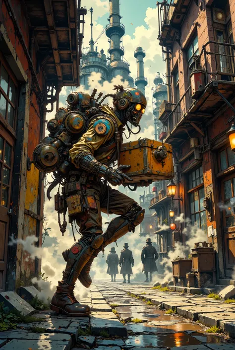 A dynamic steampunk cinematic shot.Low angle. The Dutch corner. The middle of the movement. The courier is an automaton at the moment of landing after jumping from the roof - the paving stones crackle under his feet, and the jetpack hisses, releasing the r...