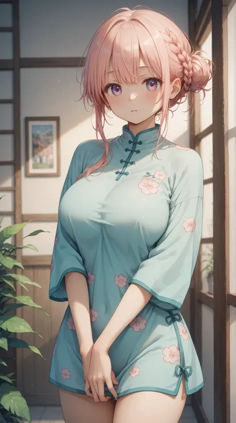 (masterpiece, top quality, best quality)、photoreality、Ultra High Definition、girls, Chinese dress、cute, summer, living、Sunshine, high resolution, Super Detailed、(Blush、Staring fascinatingly )、(big breasts、 cleft)、untidy pajamas that make you stretch your ha...