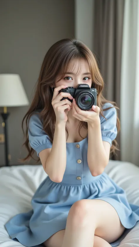anime girl sitting on bed wearing a blue dress, charming anime girl, Loli Dress, tiny curvy Lori, Detailed Digital Animated Art, cute anime girl, holding a camera and taking pictures smooth animated CG art, photorealistic anime girl rendering, Gwyds, Fluff...