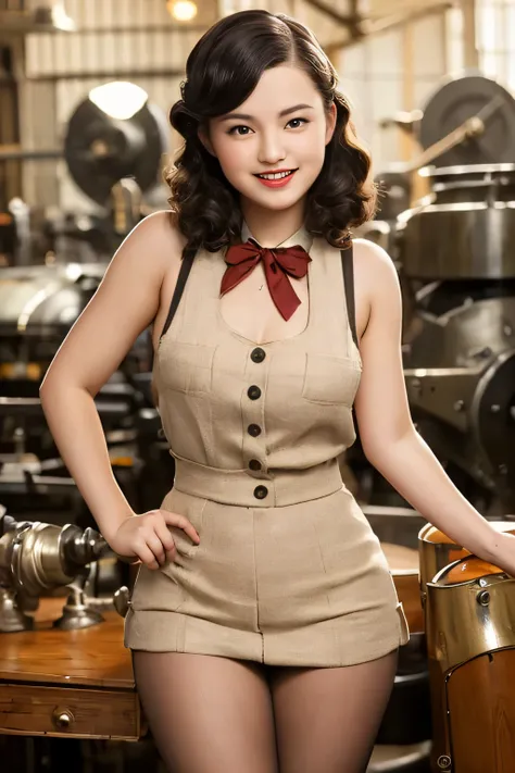 1930s, full colored picture, a mischievous pin-up girl vibe, giving a cute, squinty smile, elegant pinup girl in worker's clothes working, soft finger waves hairstyle,
cutie posing on an Art Deco factories area with vintage buildings and machines, soft dif...