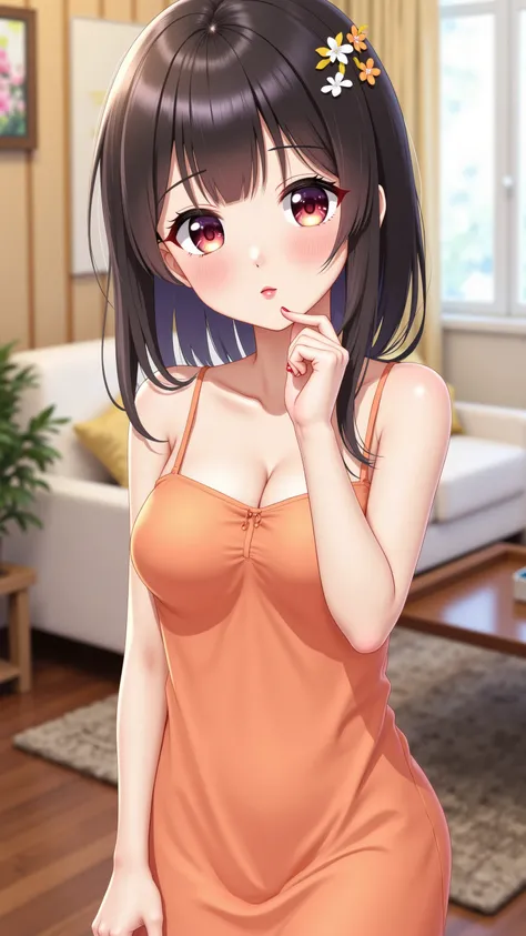 Anime girl standing in the living room wearing colorful , charming anime girl, cute anime girl, Detailed Digital Animated Art, cute realistic, Soft Animated Illustrations, (big breasts、 cleft)、Gwyds, do, best anime 4K Kona-chan wallpaper, Beautiful Anime G...