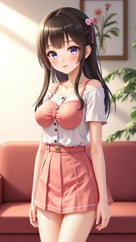 Anime girl standing in the living room wearing colorful , charming anime girl, cute anime girl, Detailed Digital Animated Art, cute realistic, Soft Animated Illustrations, (big breasts、 cleft)、Gwyds, do, best anime 4K Kona-chan wallpaper, Beautiful Anime G...