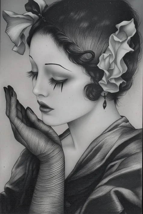 Depressive Black,1girl, solo,make up,1920's fashion,fashion portrait