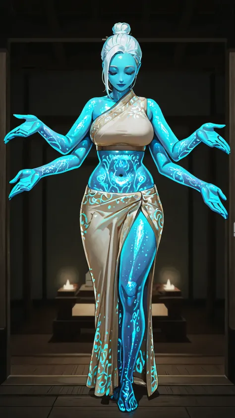 1girl,
score_9, absurdres,
white-blue-black, pastel,
depth_of_field, deep_contrast,

from_front, full_body,

short_stature, well_proportioned, voluptuous,
glow_body, blue_skin,
extra_arms,

goddess, white_sari, croptop,
single_hair_bun, topknot, white_hair...