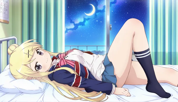 1girl , smile thick thighs Kujou Karen very long hair , blonde hair , single hair bun , hairclip , x hair ornament , sidelocks , side swept bangs , black eyes , white shirt , collared shirt , union jacket , pink bowtie , neck ribbon , pink ribbon , long sl...