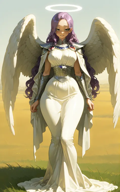 1woman, long wavy purple hair, grey eyes, very curvy body with large bust and wide hips, white angel wings, wearing a long elegant dress with celestial warrior details (armor accents on shoulders and waist), standing on grass during daylight, isolated fiel...