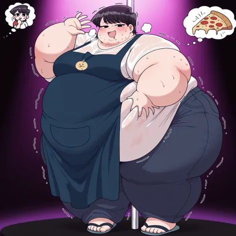 shirt, white shirt, short sleeves, pants, apron, denim, jeans, blue apron,,shuuko komi, short hair, black hair, black eyes, half-closed eyes,,,,     chubby cheeks,masterpiece, best quality, 1girl  solo on the stage, , wet body, sweating \Dancer\pole dancin...