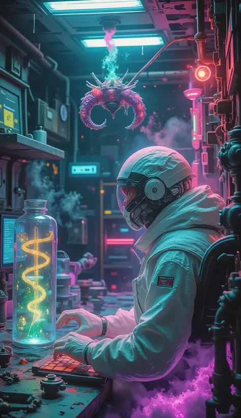  Dark Tech Lab ,} Cyberpunk fluorescent tube wrapped glass dome ， Robotic array with luminescent green reagent ， Holographic screen beating DNA spirals ， The back of a protective suit controls a transparent keyboard ， Semi-mechanical octopus tentacle glass...