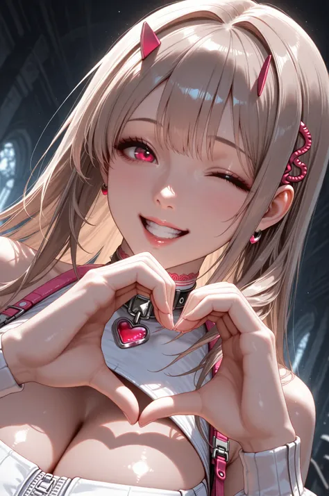 masterpiece,best quality,absurdres, 1girl,viper \(nikke\),goddess of victory: nikke,solo,safe,heart hands,one eye closed,open mouth,grin, looking at viewer, dutch angle,hyper-realistic,intricate details,dramatic lighting,volumetric fog,cinematic compositio...