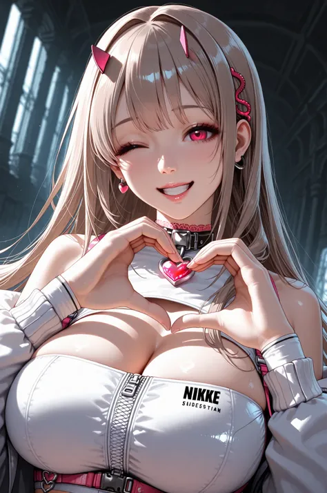 masterpiece,best quality,absurdres, 1girl,viper \(nikke\),goddess of victory: nikke,solo,safe,heart hands,one eye closed,open mouth,grin, looking at viewer, dutch angle,hyper-realistic,intricate details,dramatic lighting,volumetric fog,cinematic compositio...