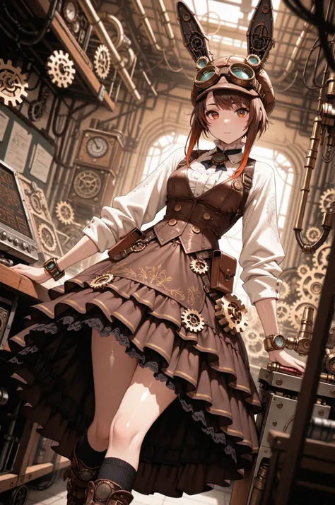 1girl,solo,Inside the workshop,shiny_skin,looking_at_viewer,depth of field,(best quality, hires, masterpiece:1.3),Steampunk,Victorian but cyberpunk-inspired corsets,layered long skirts with layers of different lengths and silhouettes of rabbits and clocks,...