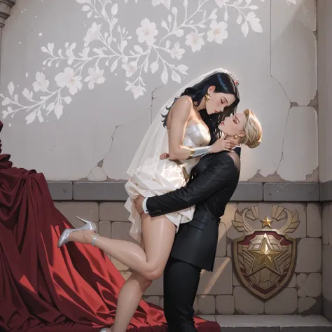 A romantic and stylish lesbian couple in a wedding-themed photoshoot. Marvel_Captain_Marvel with short blonde hair, wearing a sleek black tailored suit and black shoes and big bust, is lifting her partner curvy hot glamorous partner wonderwoman lovingly. w...