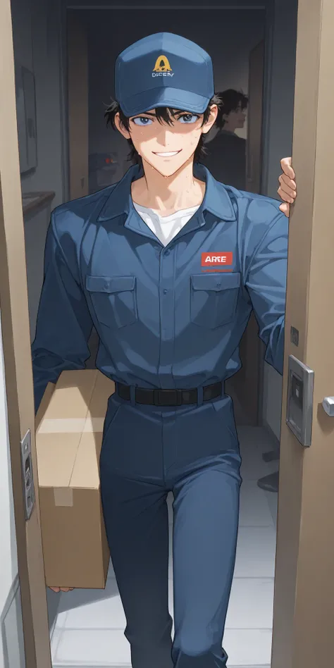 residential area,Male attendants,1man,dandy,hat, has a nice smile,sweat,When I opened the door, there was a delivery man standing there holding a cardboard box,Anime Chic,Safe Content (masterpiece, 最High Quality, High Quality, detailed background, complica...