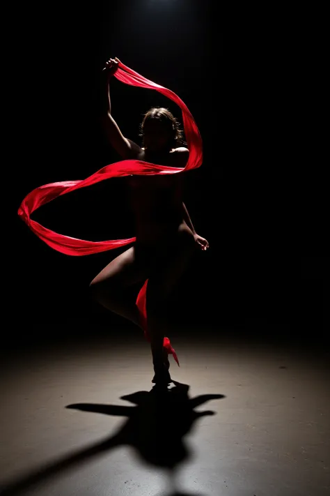 "Abstract conceptual art: **metaphor of 'women's game' as shadow dance** female silhouette dancing with red ribbon, black blank background, minimalis, symbol of freedom and elegance."
