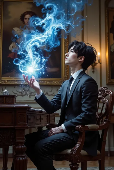 a highly stylized, semi-realistic fantasy style. The image features a man with a slender build and short, dark hair, sitting on a dark, ornate desk in a grand, dimly lit room with classical decor. He is dressed in a dark, formal suit and is gazing upwards ...
