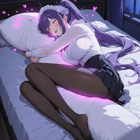 score_9, score_8_up, score_7_up, 1girl, sole female, only female, (top quality, 8k), high resolution, smooth, best quality, highly detailed, bedroom at night, in bed, purple light, (dark room), large breasts, glowing hypnotic waves in the background, at ni...