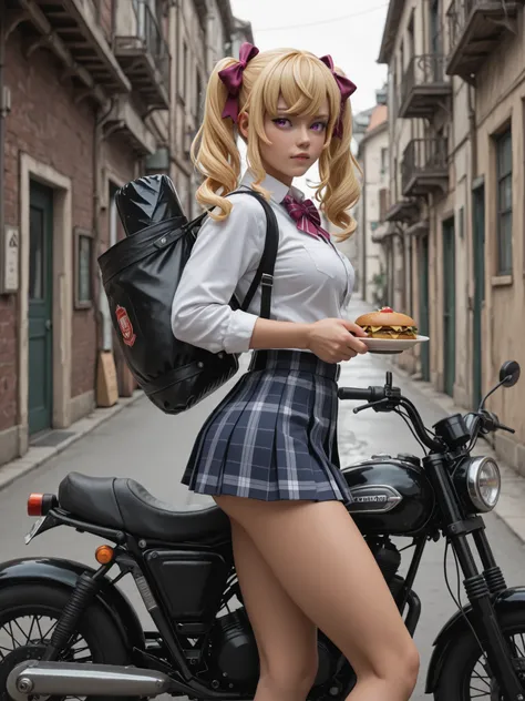 masterpiece, best quality, amazing quality, Very aesthetic,
1 maiden, One, takamiya rion, nijisanji, Twintails, Purple eyes, blond hair, medium chest, Dark_ Art _style,
detailed school uniform, detailed ,
shiny skin, on a motorcycle
city, from the side...