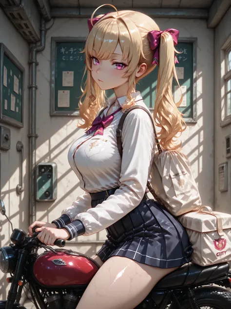 masterpiece, best quality, amazing quality, Very aesthetic,
1 maiden, One, takamiya rion, nijisanji, Twintails, Purple eyes, blond hair, medium chest, Dark_ Art _style,
detailed school uniform, detailed ,
shiny skin, on a motorcycle
city, from the side...