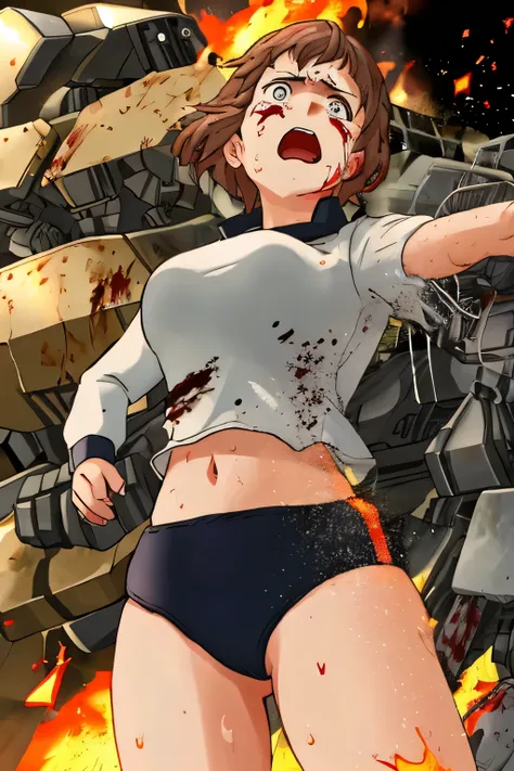 cockpit_explosion, fire, electricity, screaming, explosion, science fiction, wide-eyed, tearing clothes, standing, blood, scared, sweat, crying, mecha, torn clothes, tears, cockpit,1girl、wearing black gymnastics bloomers,high leg,white blouse,cowboy shot,s...